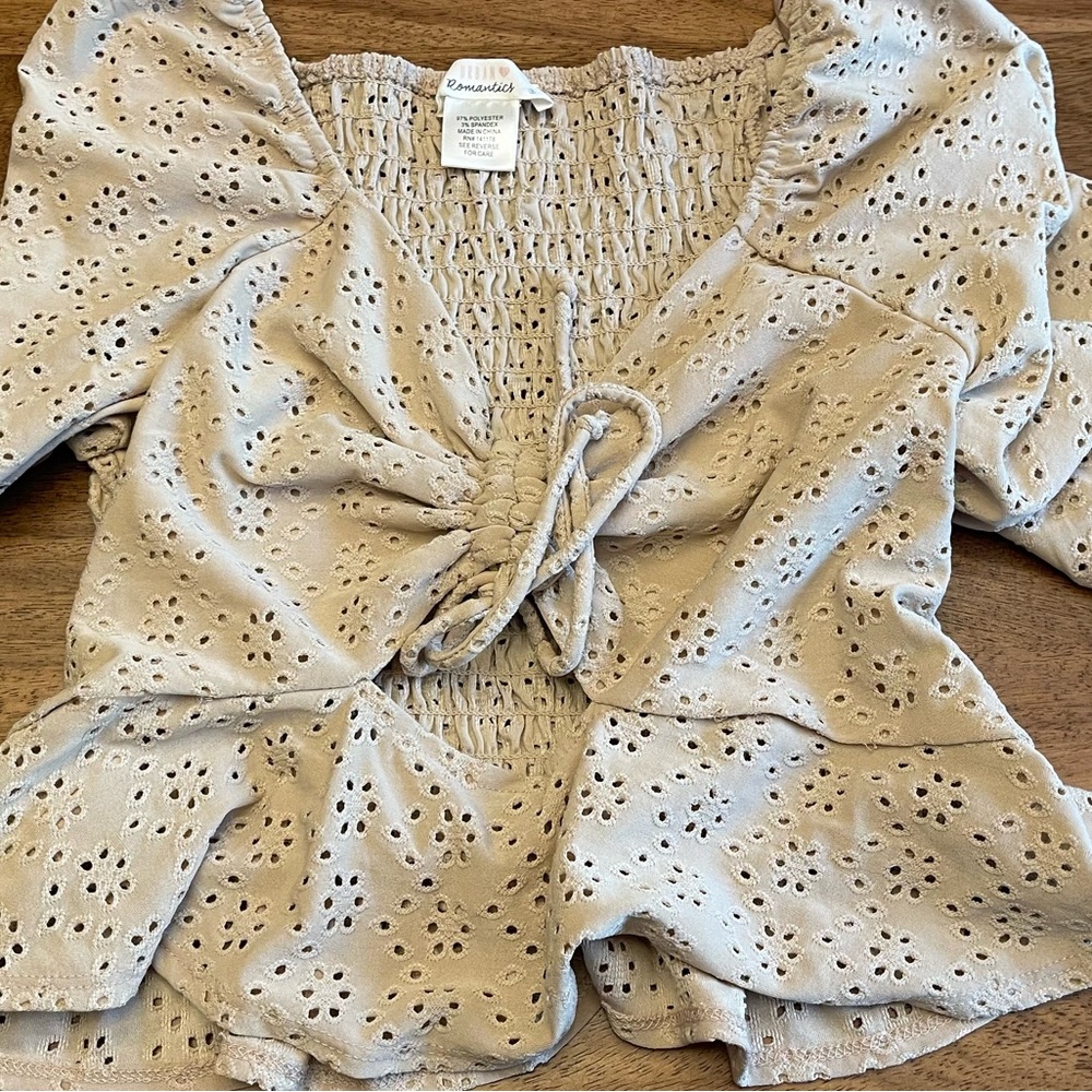 URBAN Romantics Cream Smocked Tie-Front Crop Top